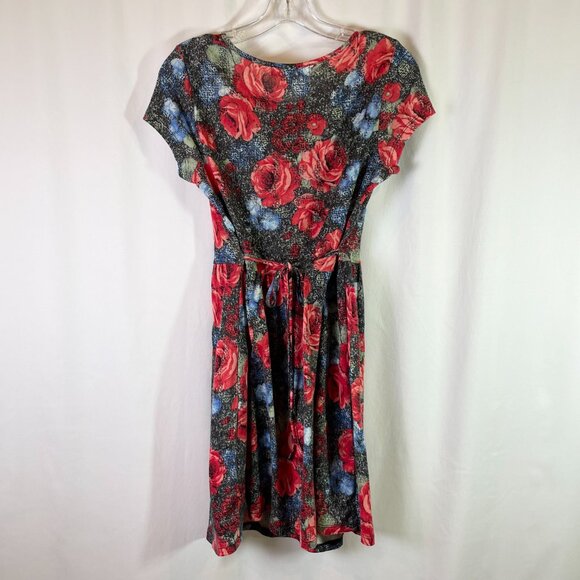 Almost Famous Girl's Size L Floral Dress Red Pink Blue Short Sleeves Tie Back - Picture 2 of 11